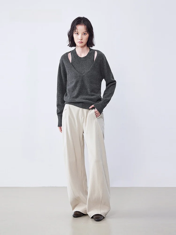 

Women's Full Wool Hollow out Sweater Fake Two-Piece Casual Loose Fit Long Sve Knitted Top Winter New Design XMOOM2025