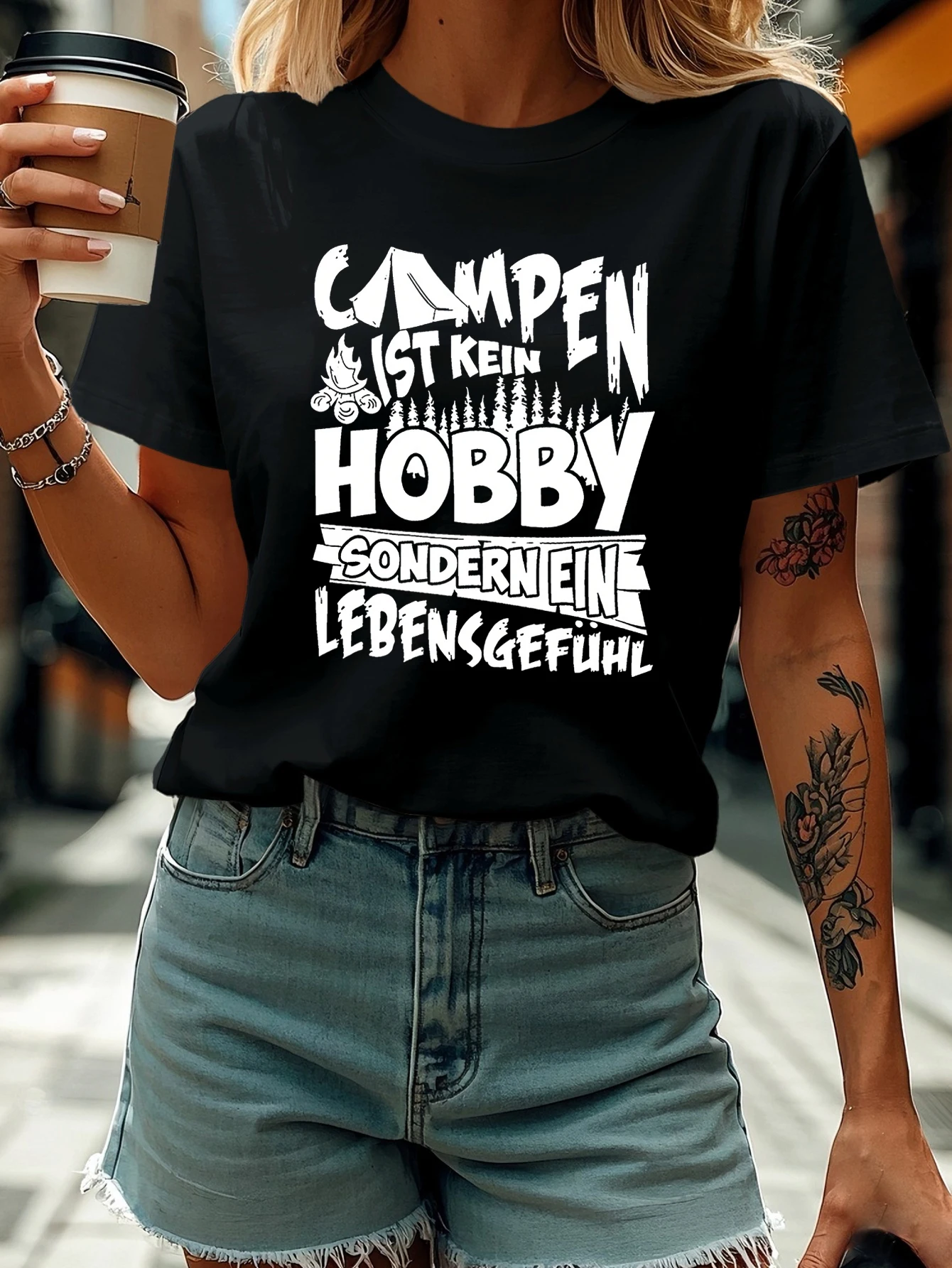 여성용 반팔 티셔츠 스트리트웨어 CAMPEN IST KEIN HOBBY 독일어 레터 프린트 크루넥 캐주얼 탑 여름 및 봄용