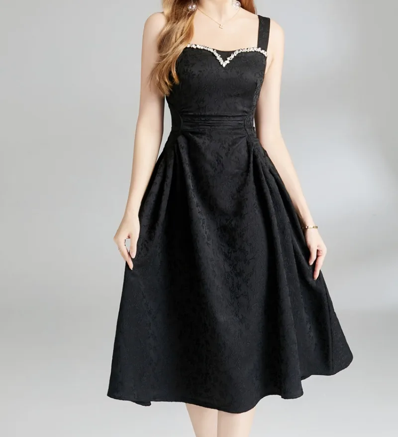 

Diamonds Black Dresses Evening Party Sleeveless Luxury Design Elegant Dress Bodycon Vintage Square Neck Vestidos
