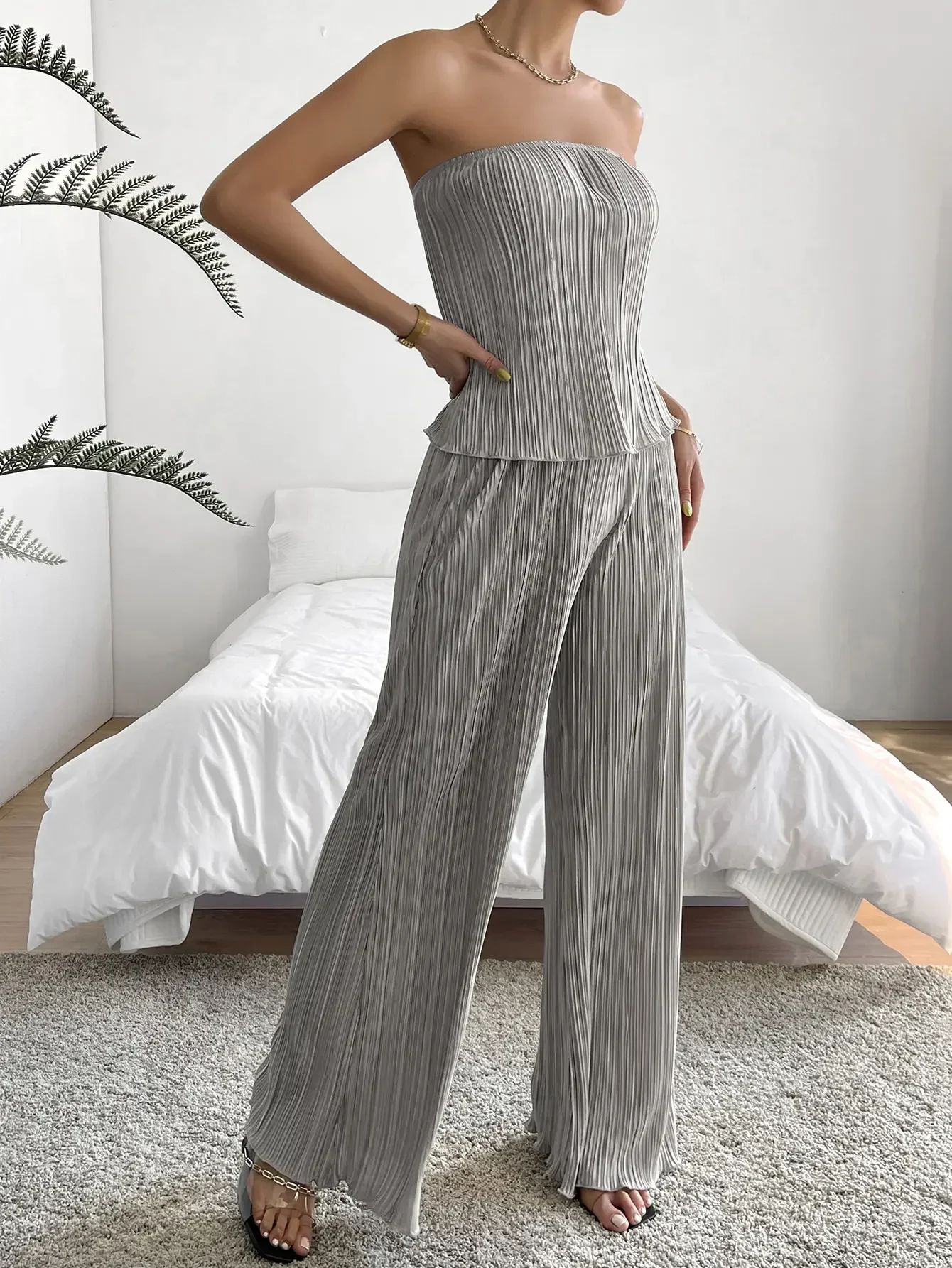 Women\'s two-piece dress pants sexy wind fashion gray one-piece bustier top pants set two piece sets womens outifits