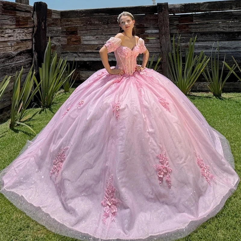 

Pink Shiny Quinceanera Dress Off The Shoulder Mexican Vestidos De 15 Princess Sweet 16 Birthday XV Ball Gown Cinderella dress