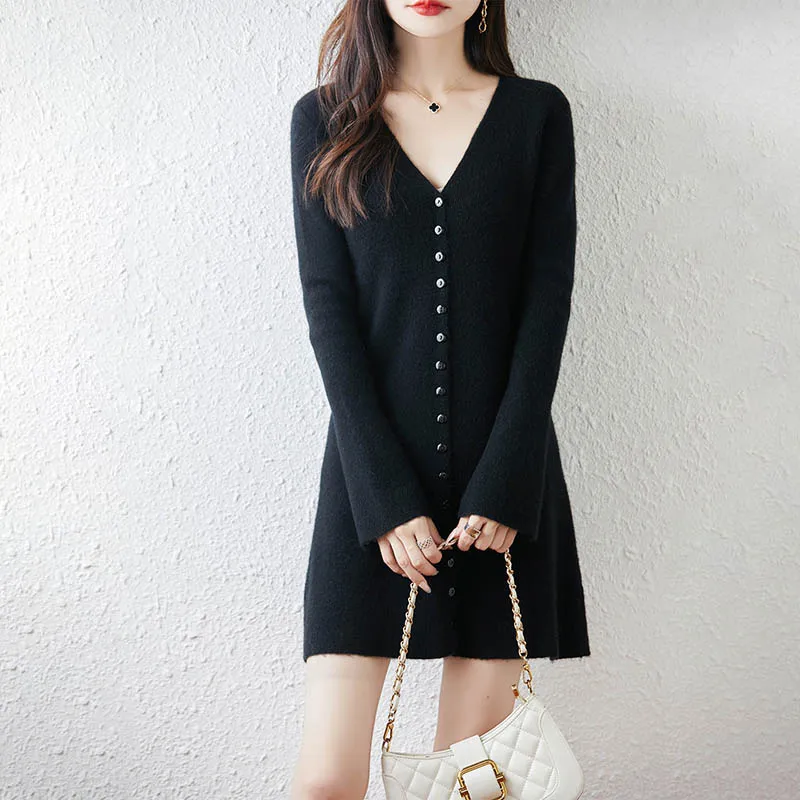 Yoyoselect Mini abito da donna in lana merino al 100% con scollo a V e bottoni in maglia Una linea morbida e calda Abiti in cashmere autunno inverno