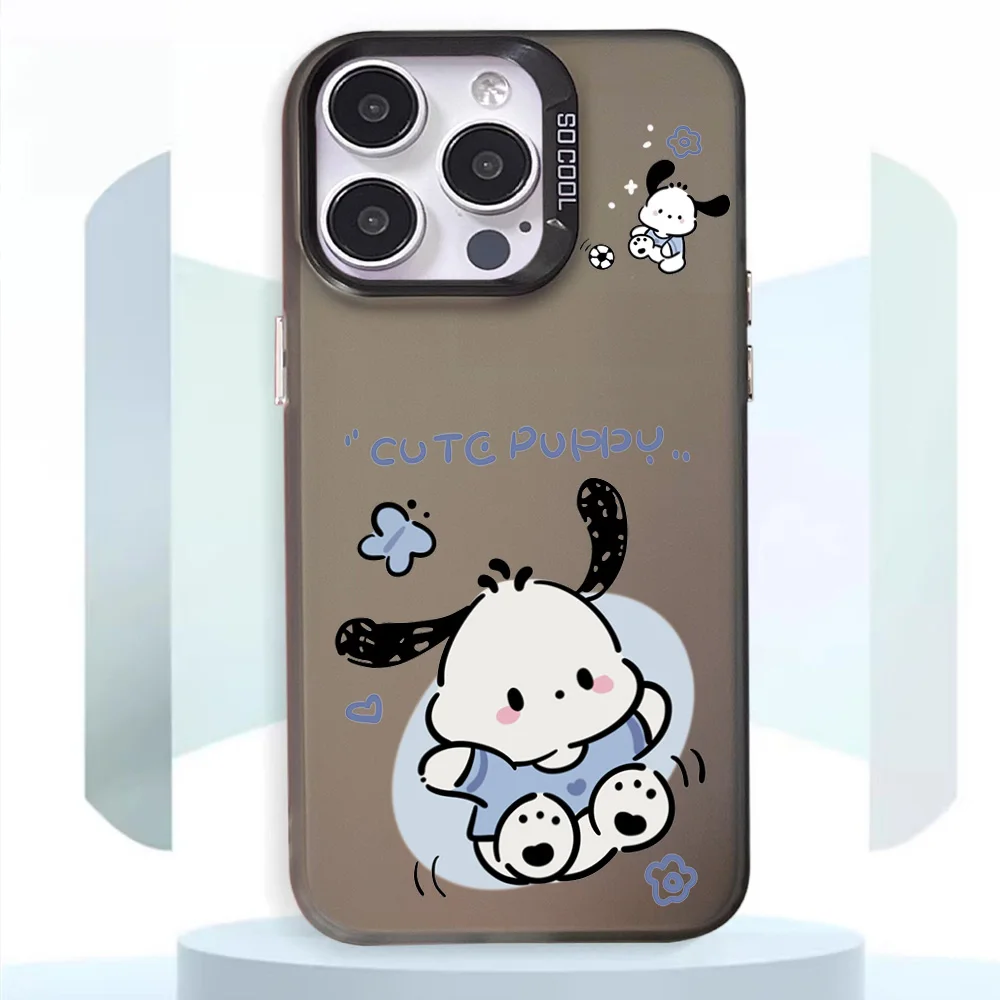 MINISO Cute P-Pochacco Phone Case For iphone11 12 13 14 15 16 Pro Max Plus fashion laser colorful silver IMD cover