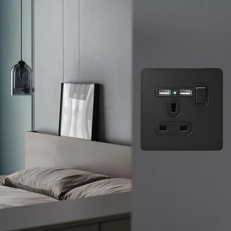 Wall Push Button Switch High-quality Matte Black Stainless Steel Panel 13A UK Socket for Home Improvement