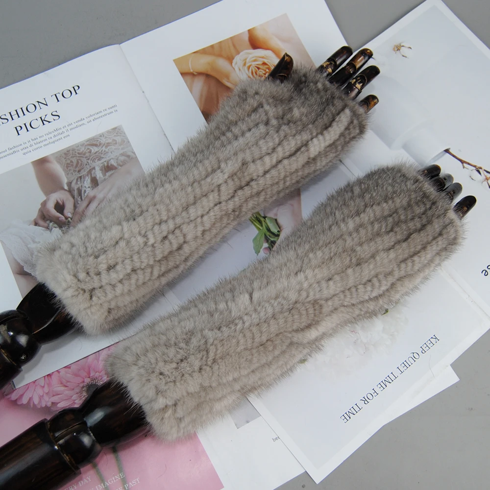 New Style Winter Mink Fur Gloves Women High Real Fur Gloves Women Fashion Genuine Glove Knitted Mink Fur Fingerless 30cm Long