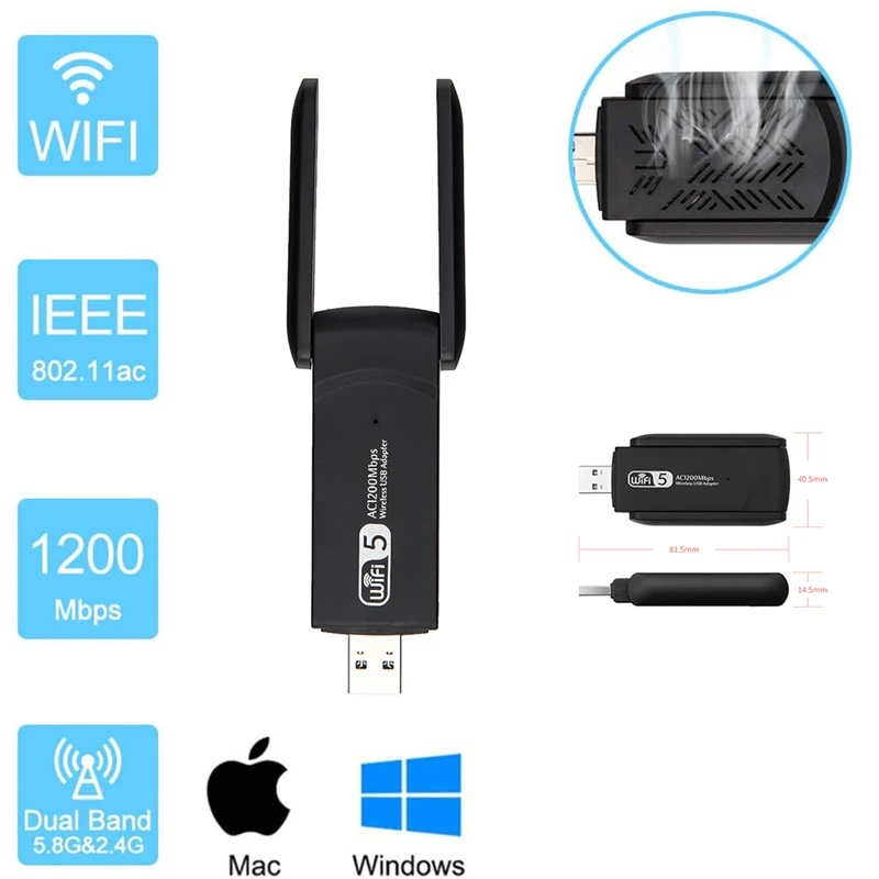 2.4G 5G 1200Mbps Usb Wireless Network Card Dongle Antenna AP Wifi Adapter Dual Band Wi-Fi Usb 3.0 Lan Ethernet 1200M