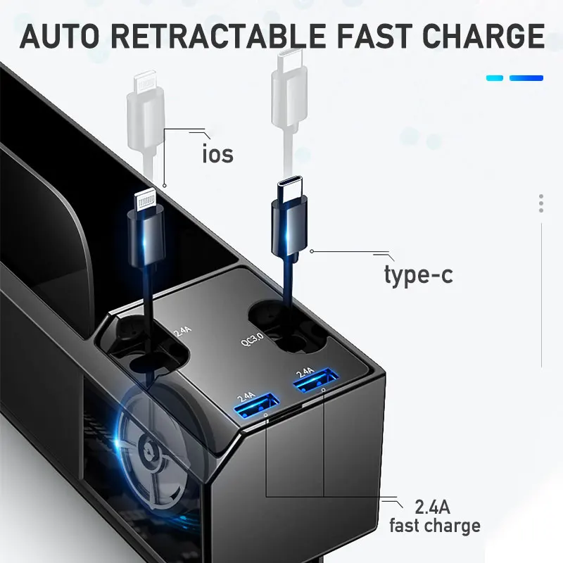 Imagem -04 - Assento de Carro Automático Fenda Plástico Caixa de Armazenamento Telefone Titular Organizador com Carregador de Fio para Ios Android Tipo-c 2usb Porta Acessórios