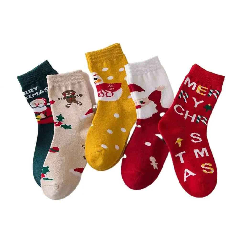 

5 Pair Breathable Cotton Children Christmas Socks Elk Santa Claus Cartoon Hosiery Cloth Accessories Snowman Mid-Tube Socks Women