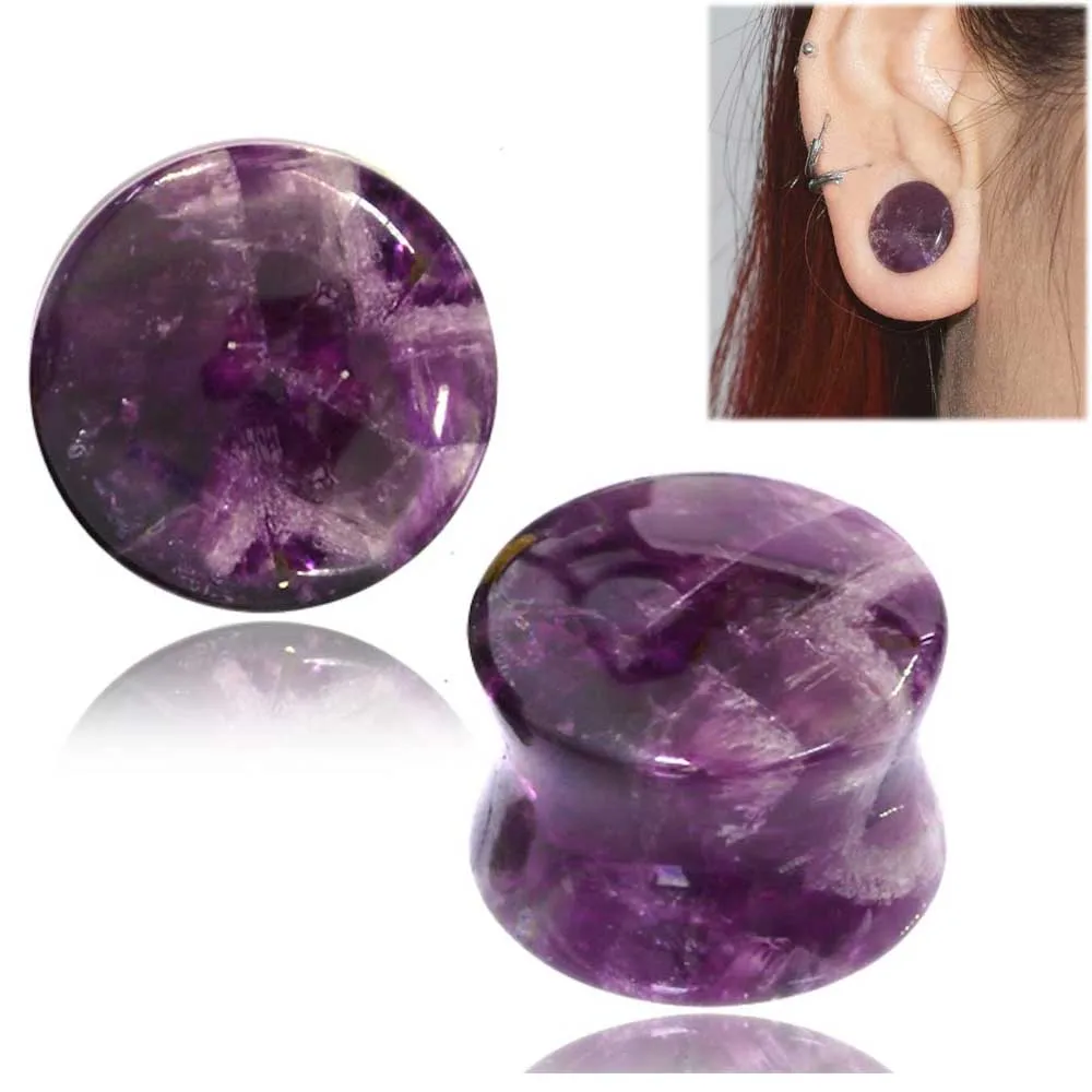 2 Pc High-quality Natural Stone Crystal Stone Plugs | Double Flared Saddle Gauges for Ear Stretching | Amethyst Unique 2G-5/8