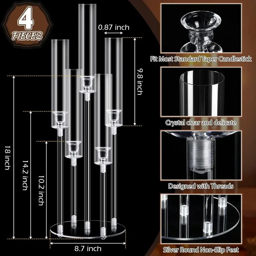 4 Pcs Acrylic Candelabra Centerpieces Clear Candelabra Candle Holder Crystal 5 Arm Candlesticks Holder Fit 0.87 Wedding Piloser