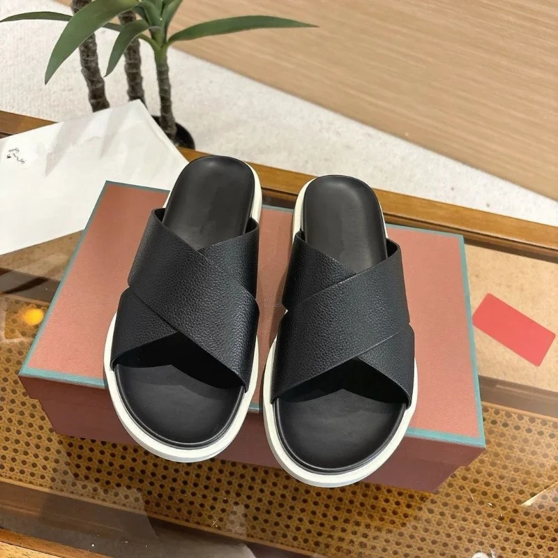 Summer 2026 Men's Cross Strap Sandals Soft Bottom Anti-Slip Lightweight Beach Casual Waterproof Slippers round Toe Flat Heel