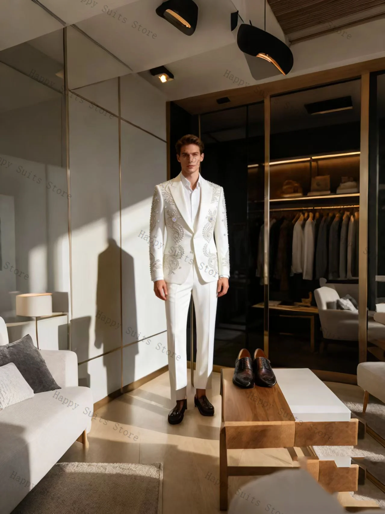 

White Men Suit Set 2 Pcs Blazer+Pants Trousers Crystals Stone Formal Office Coat Cotton Wedding Tuxedo Customized Jacket Outfit