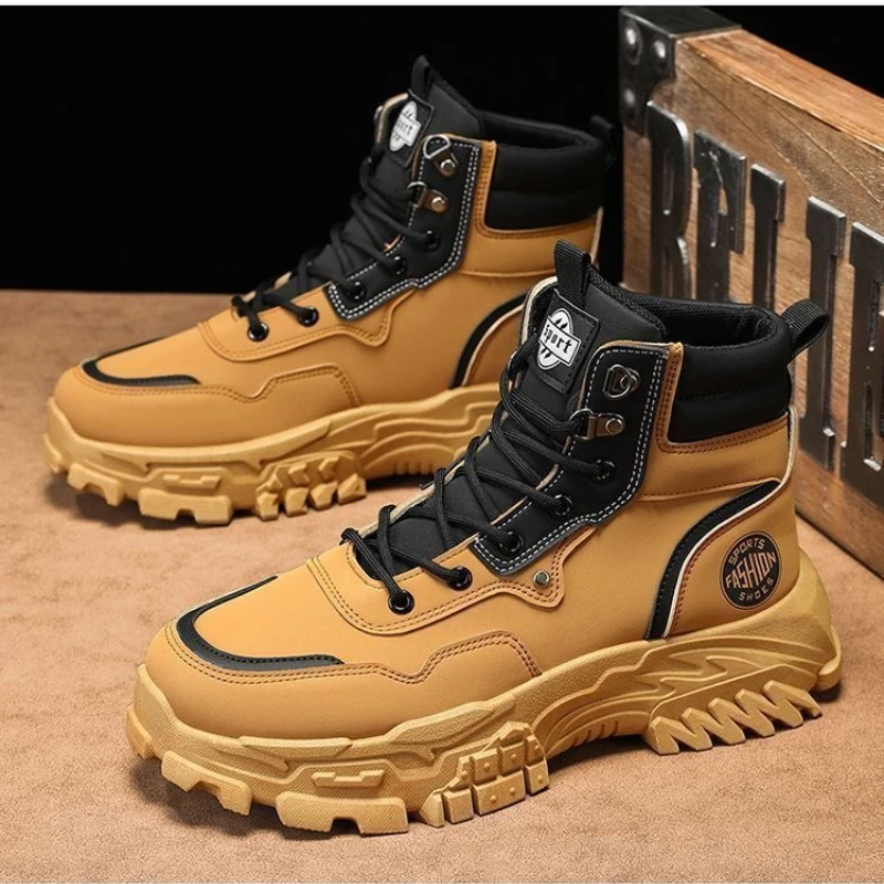 

Мужские высокие рабочие ботинки, кроссовки на платформе с массивной подошвой, модная повседневная уличная походная обувь, удобные нескользящие ботинки-лифты