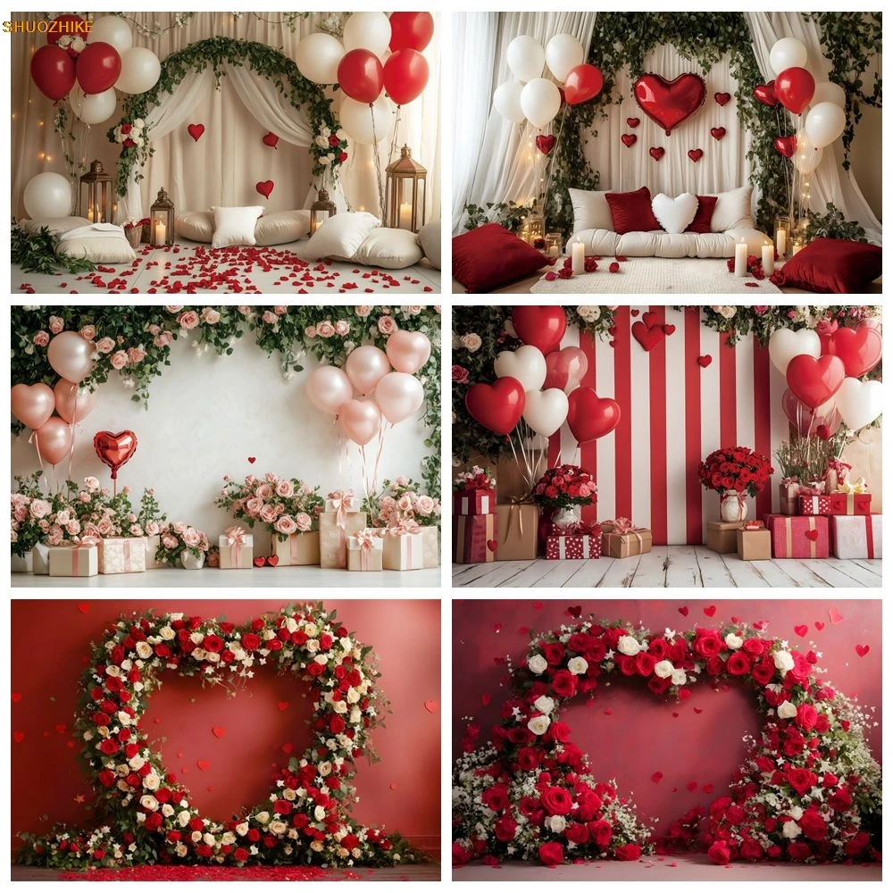 

Valentines Day Background Flowers Rose Balloons Love Heart February 14th Party Couple Date Wedding Portrait Photography Backdrop