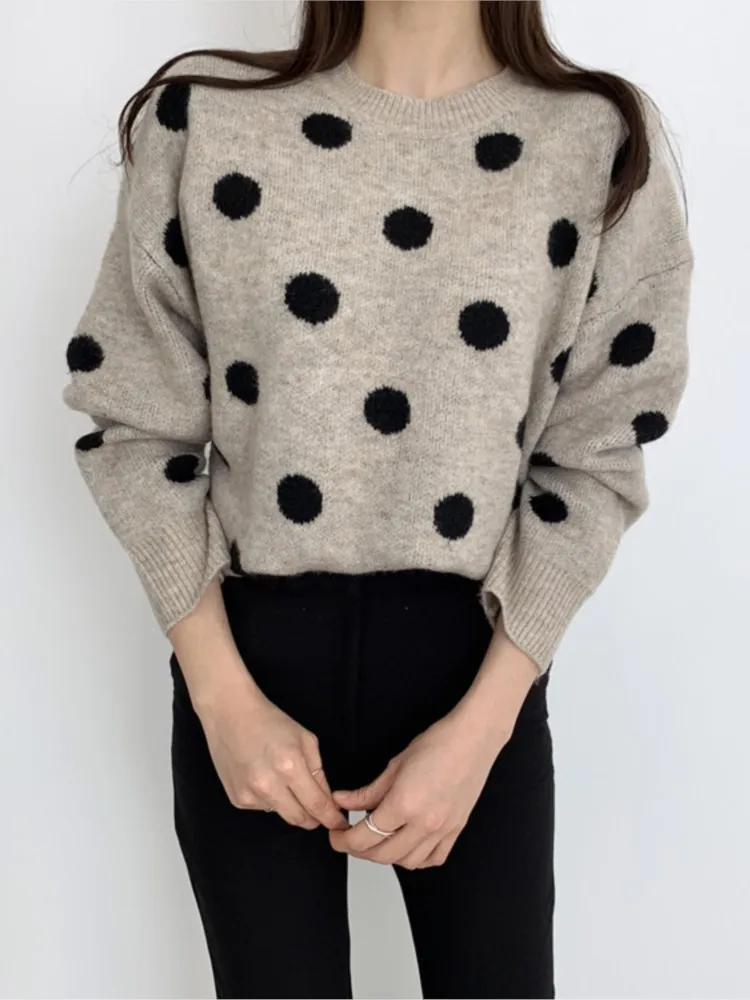 Gestrickte Herbst Polka Dot Print Pullover Pullover Frauen Koreanischen Stil Casual Lose Damen Pullover Mode Frau Pullover Tops