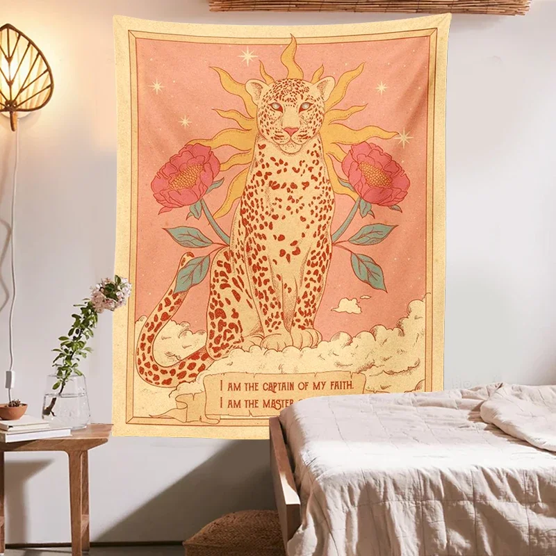 Vintage Sun Tapestry Wall Hanging Tarot Sun Moon Tiger Aesthetic Floral Decor Bohemian Tapestries Witchcraft Dorm Home Decor