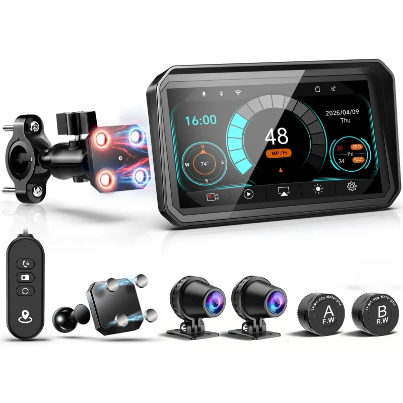 

6-Inch motorcycle CarPlay screen, 2K driving recorder, IP67 waterproof, GPS navigation and TPMS quick-release magnetic bracket