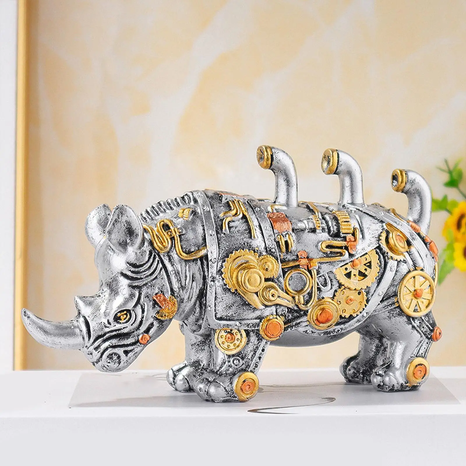 Machinery Punk Rhino Sculpture Unique Easy to Use Practical Mechanical Rhino Figurine for Home Living Room Desk Cabinet Bedroom