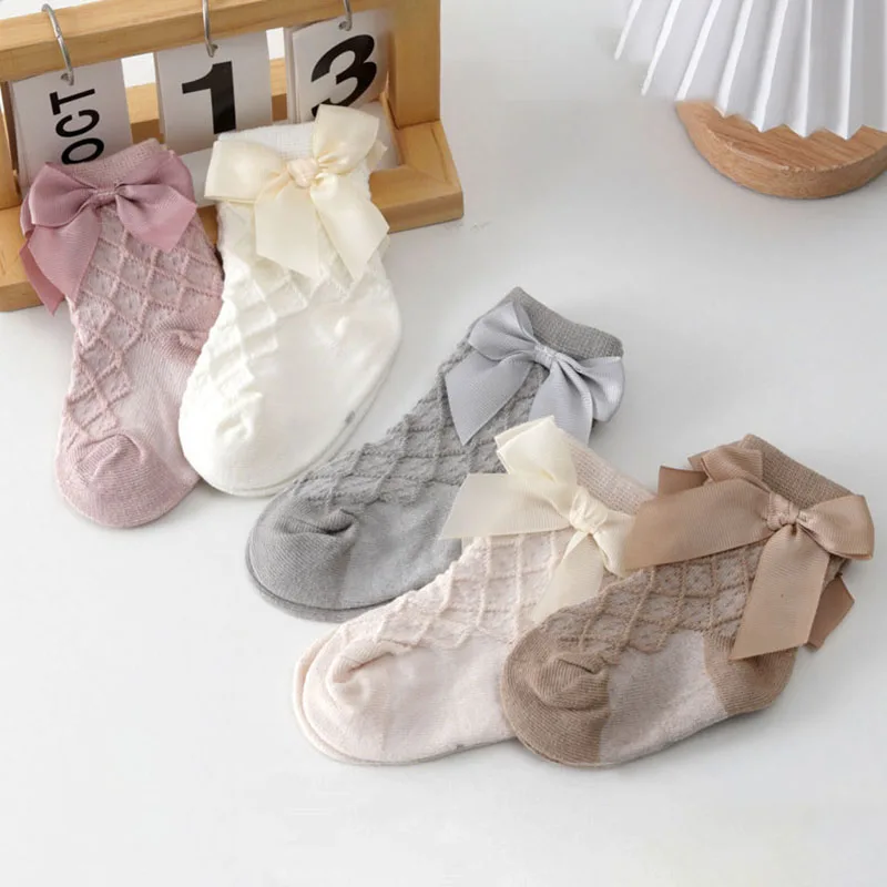 

Spring Autumn Thin Baby Bow Socks Solid Color Cotton Princess Girl Middle Tube Socks Korean Bowknot Newborn Socks Kids Sokken