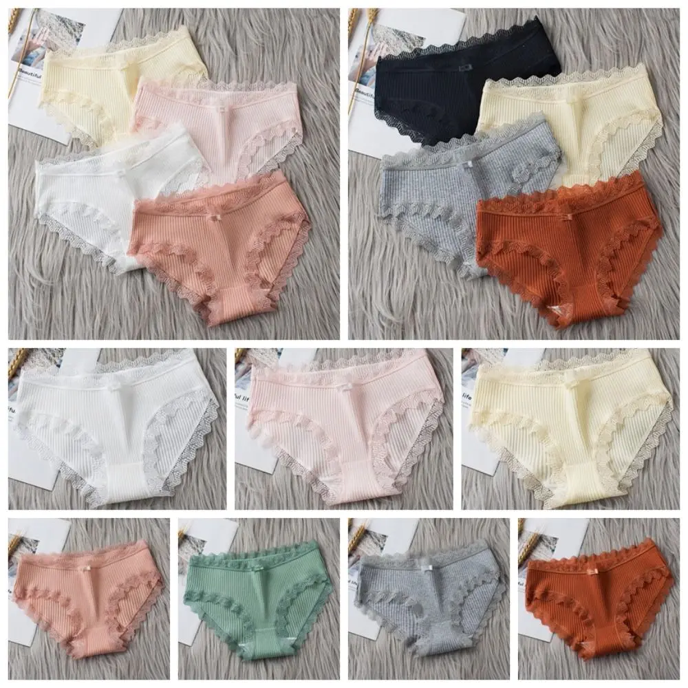 Comfortable Stripe Lace Bowk Briefs Large Size Solid Color Mid Waist Panties Simple Lingerie Female Underpants Girl