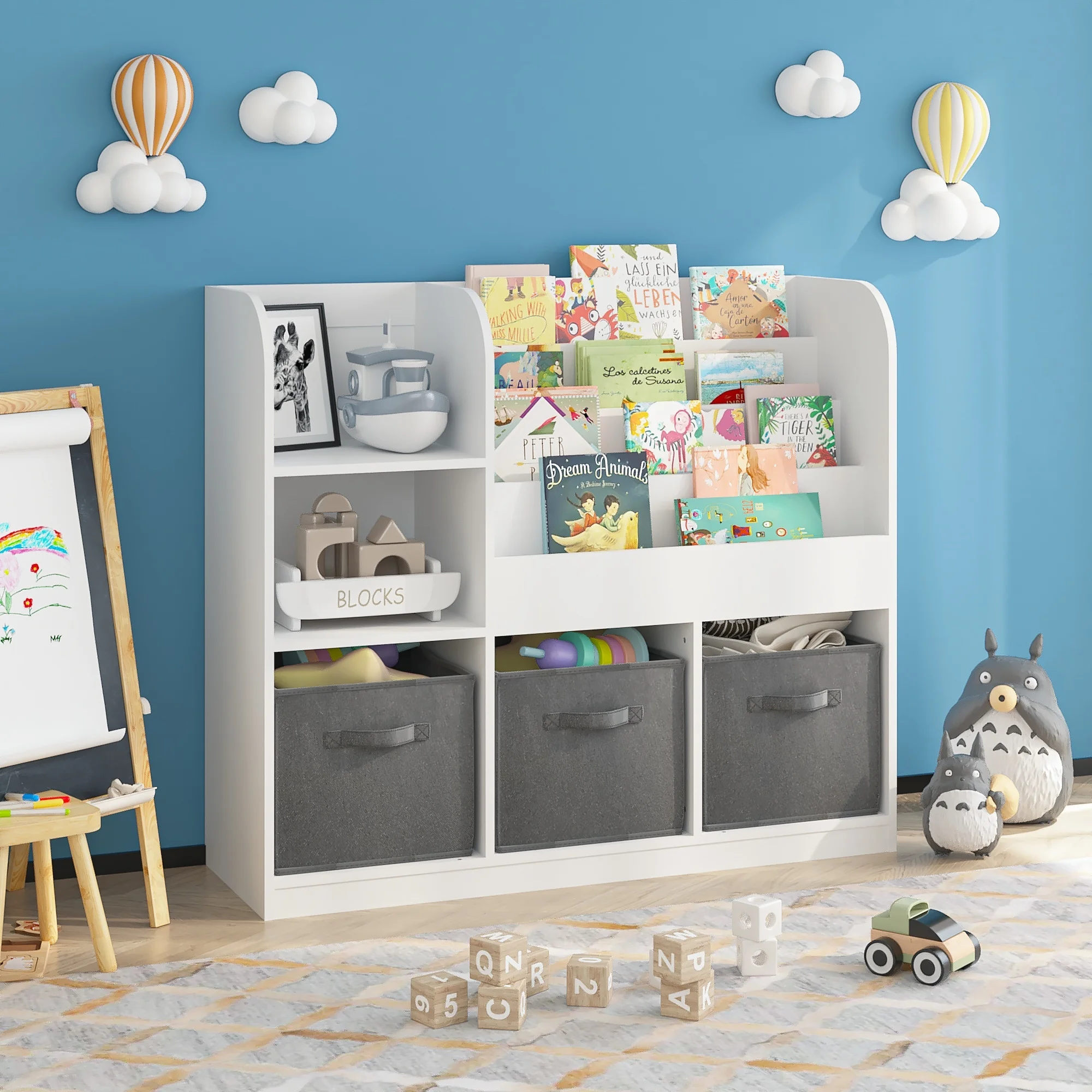 

3 Collapsible Drawer Kids Bookcase – White/Gray Storage Organizer with Anti-Tip Device,No Assembly