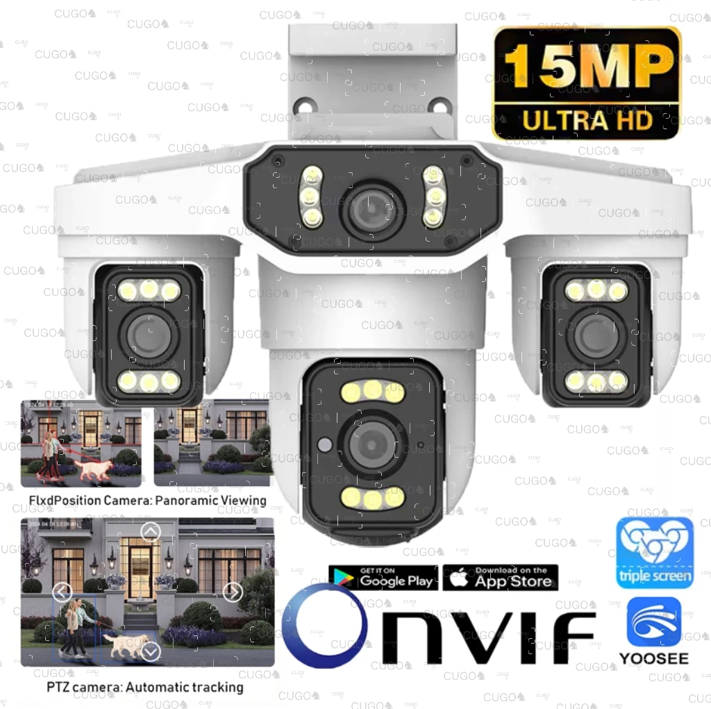 Yoosee 15MP 8K IP Camera Three Screen WiFi Outdoor Waterproof Four Lens Auto Tracking PTZ Security CCTV Video Surveillance Onvif