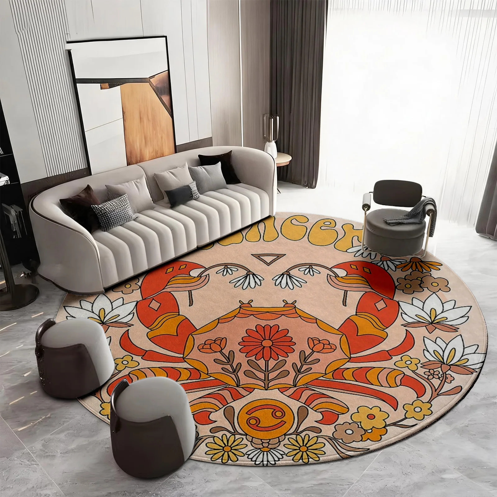 Luxurious Boho Mandala Round Area Rug Vibrant Floral Print Bohemian Ethnic Style Carpet Throw Mat for Living Room Decor Accent T