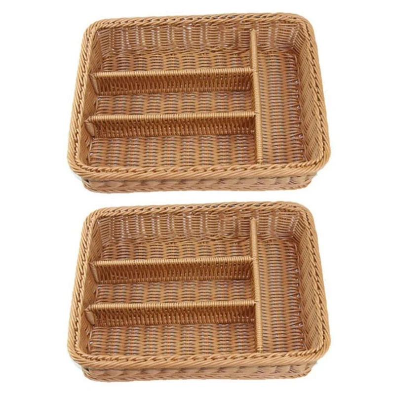 

2X Kitchen Drawer Organizer Cutlery Storage Basket 4 Compartments Kitchen Forks Knifes Rattan Storage Tray