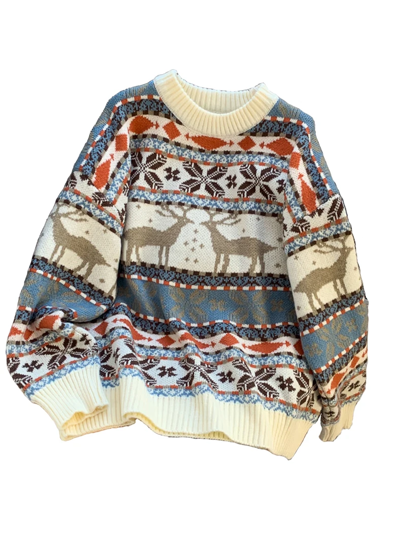 

Christmas theme Bohemian vintage fawn jacquard sweater women's new autumn/winter loose and lazy knit crew-neck soft pullover top