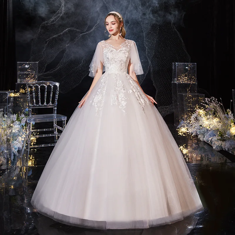 新しいセクシーな V ネックバットウィングスリーブ妊婦のウェディングドレス女性クラシックレースフラワープラスサイズレースアップボールガウン Vestido カスタマイズ