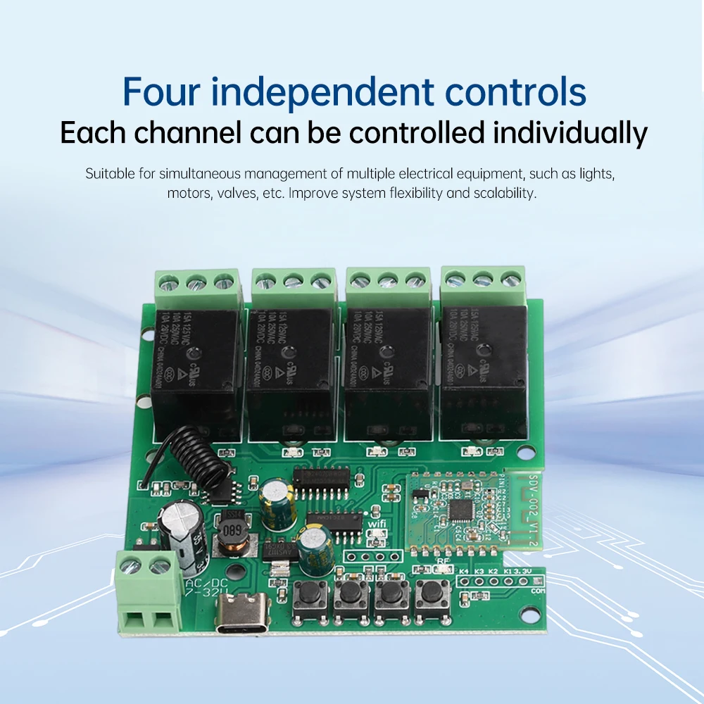 AC/DC7-32V/Type-C5V 4 웨이 APP WiFi 원격 제어 릴레이 스위치 모듈 지원 433MHZ 원격 제어 Wifi2.4GHz b/g/n Bluetooth