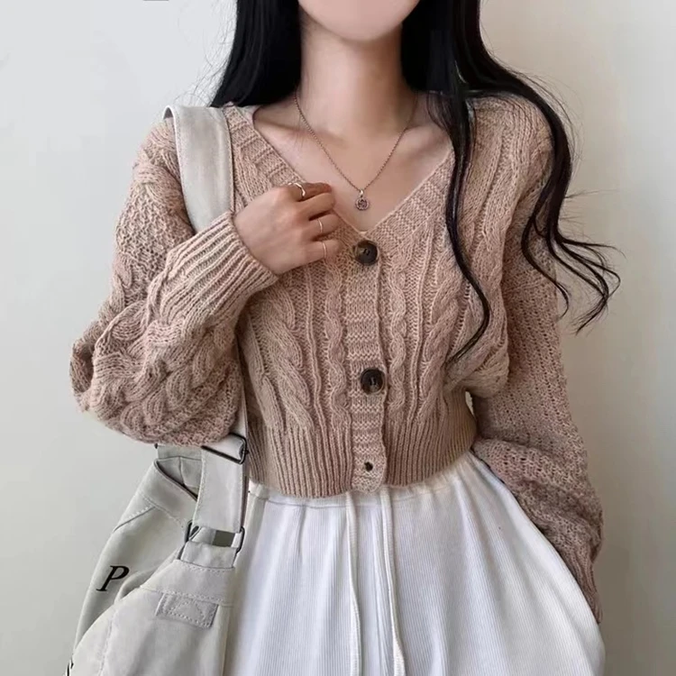

Chic Autumn Slimming Tee-Button V-Ne Knitted Cardigan Retro Linen Pattern Long Sve ort Sweater Jaet for Women