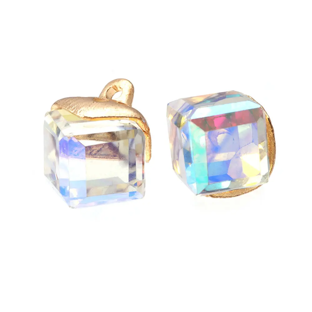 10PCS 8x8MM Gold Color Plated with Glass Cube Earring Charms Pendants Diy Jewelry Findings Accessories Wholesale