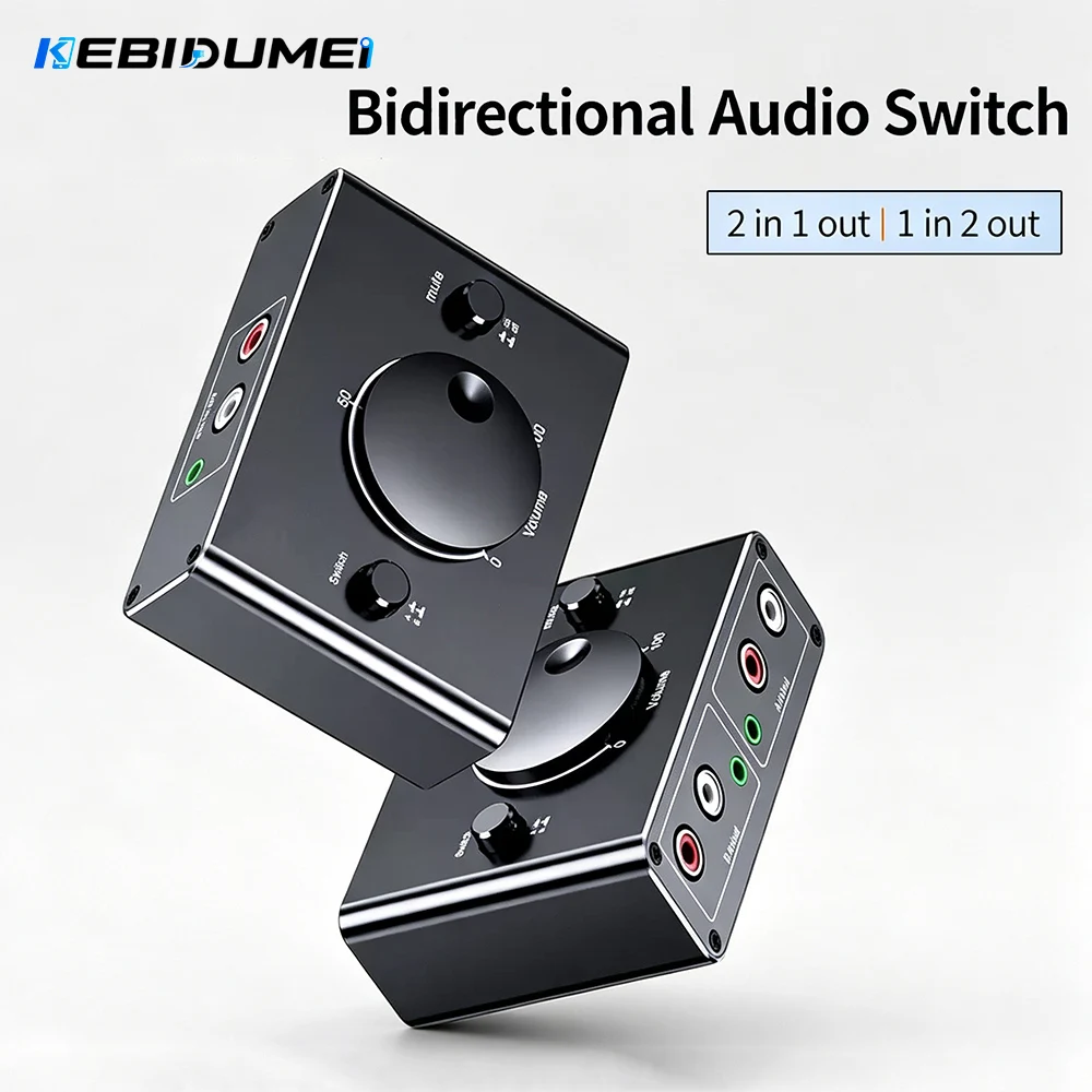 Kebidumei 3.5mm RCA Stereo Bi-Directional Audio Switcher 2 Way 1 in 2 Out 2 in 1 Out 3.5mm 2RCA Audio Switcher with Mute Button