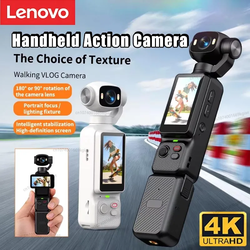 Câmera de Ação Portátil Lenovo 4K com Estabilizador HD 180 °   Câmera de Vlog Portátil com Lente Rotativa e Luz de Preenchimento para Esportes ao Ar Livre