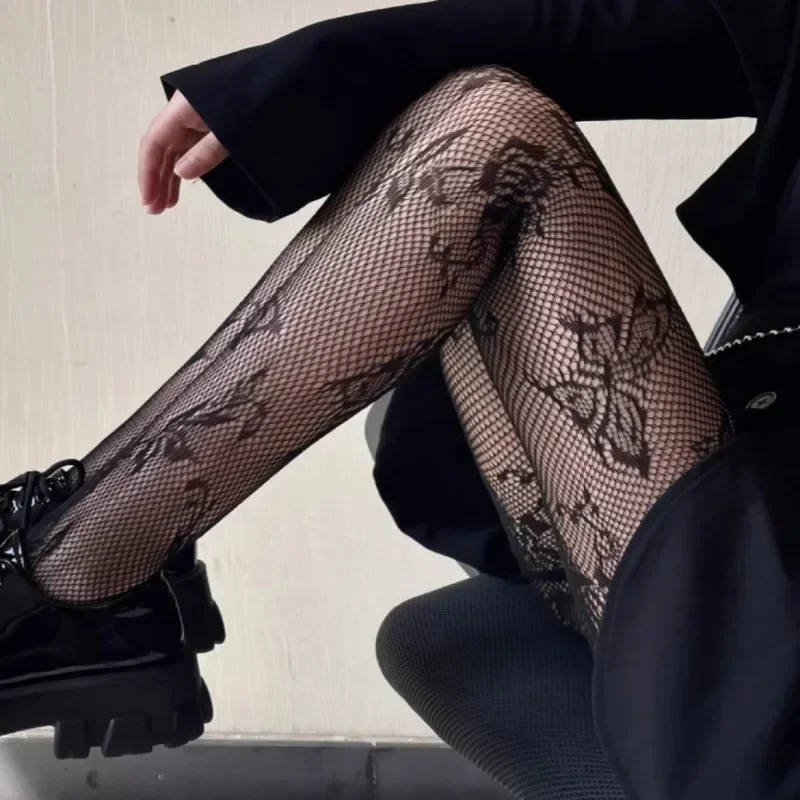 Kadın Gül ve Kelebek Baskılı Tayt Seksi Örgü Delikli Retro Çorap Sıcak Kız Anti-Snag çiçek askılığı balık ağı külotlu çorap