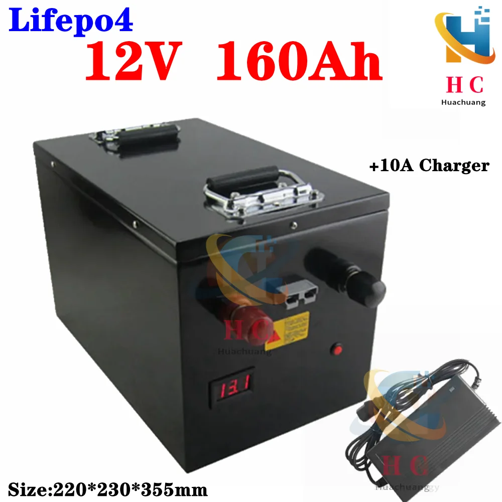 

Portable waterproof Lifepo4 12V 160AH lithium battery BMS 4S 12.8V for 1200w Boat RV golf cart backup power solar +10A Charger