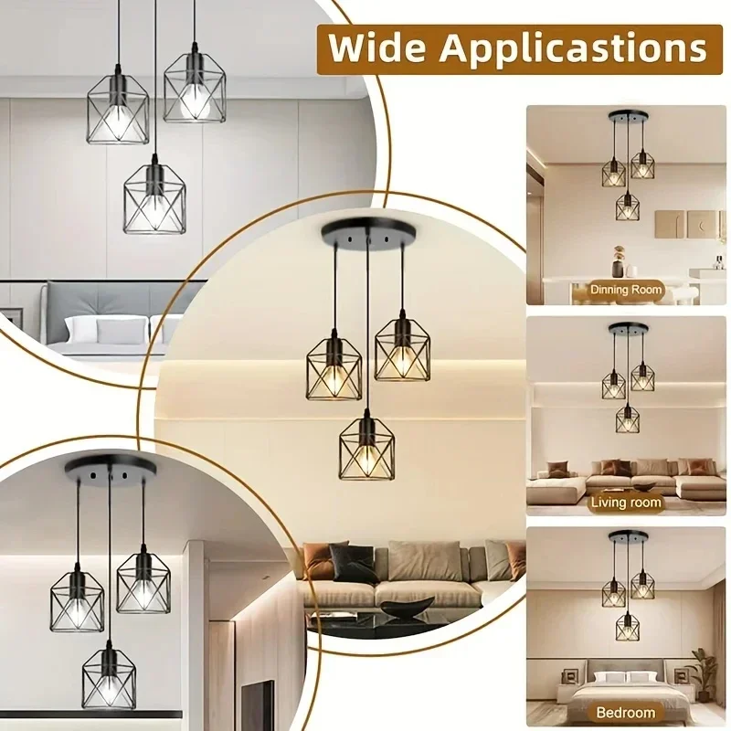 Vintage Pendant Lamp 3 head Hanging Lamp Ceiling Chandelier Metal Shade E27 Black, suitable for living room, dining room