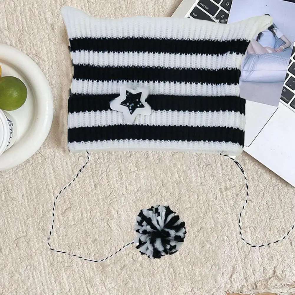 Striped Knit Beanie Striped Star Fur Ball Decor Winter Ladies Hat with Kitty Head Design Anti-slip Elastic Band for Warmth Style