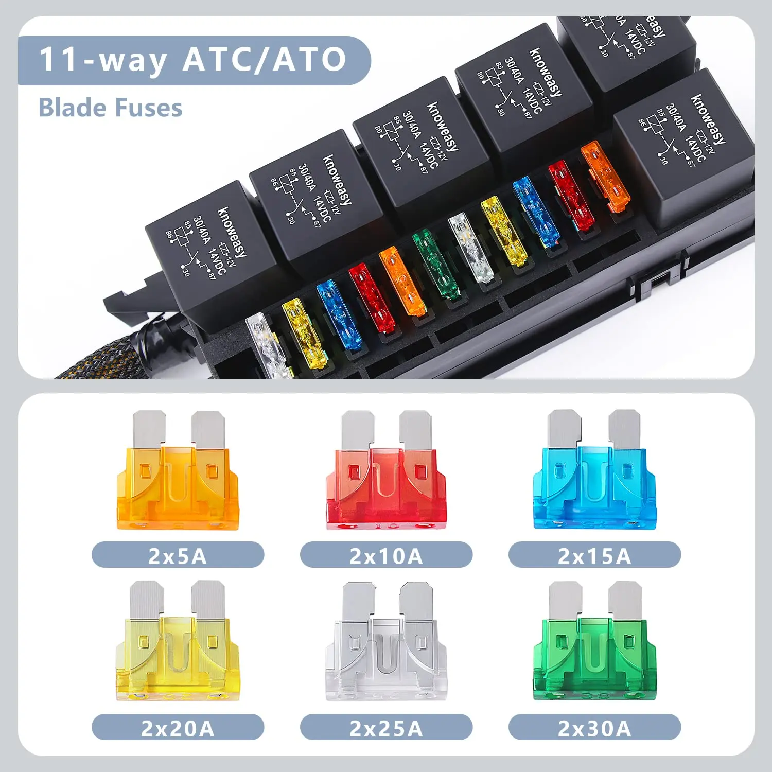 11 Way Relay 12V Automotive Fuse Blocks Relay Box with 12 AWG Pre-Wired Waterproof Fuse Box, ATC/ATO Blade Fuse for Auto Car