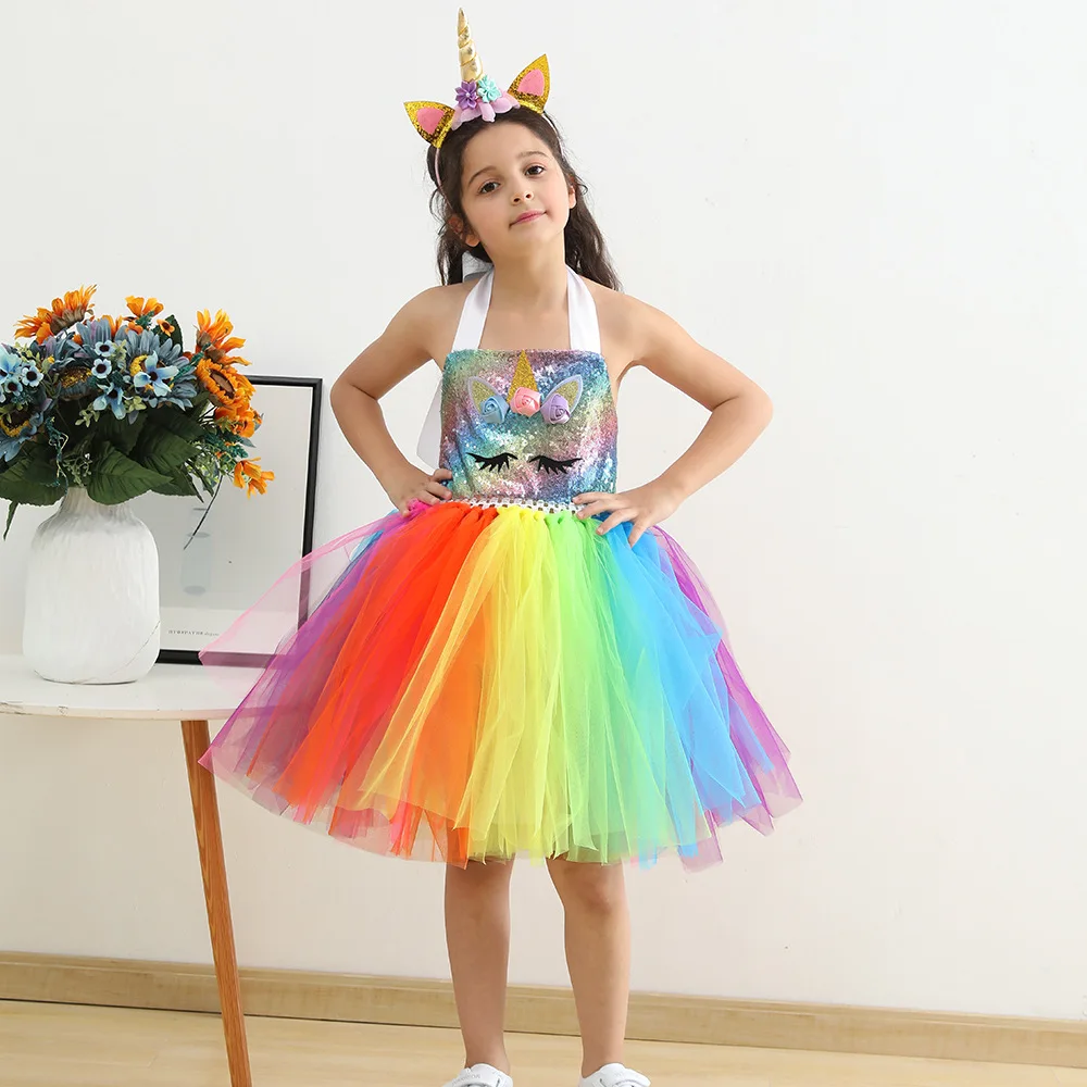 Vestido brilhante princesa tutu unicórnio para meninas, vestidos brilhantes LED, bandana de asas, fantasia de palco infantil, festa de Halloween, 2024