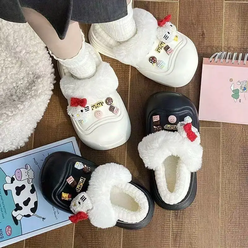 

Kawaii Hello Kitty водонепроницаемые хлопковые тапочки для девочек, зимние домашние уличные теплые универсальные нескользящие хлопковые тапочки, милый подарок