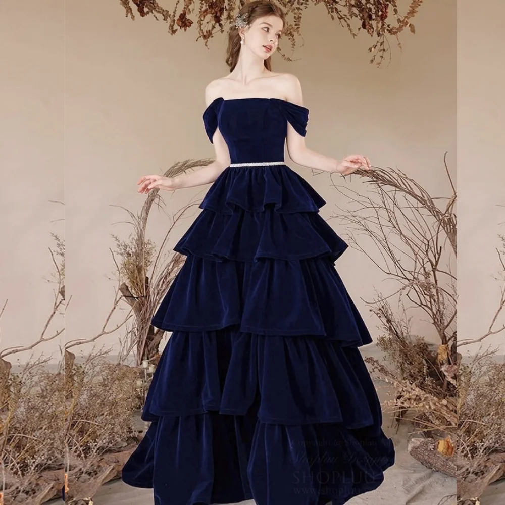 

Customized Matching Exquisite Velour Pleat Tiered Sash A-line Off-the-shoulder Long Dresses Bespoke Occasion Dresses Elegant