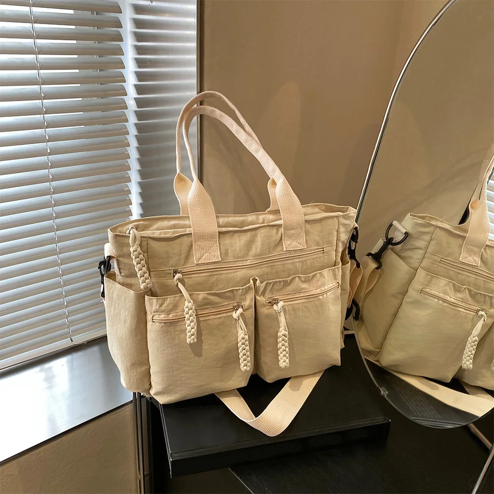 حقيبة كتف نسائية من النايلون مع جيوب متعددة مع سحاب بلون سادة، حقيبة حمل للعمل أثناء السفر #1