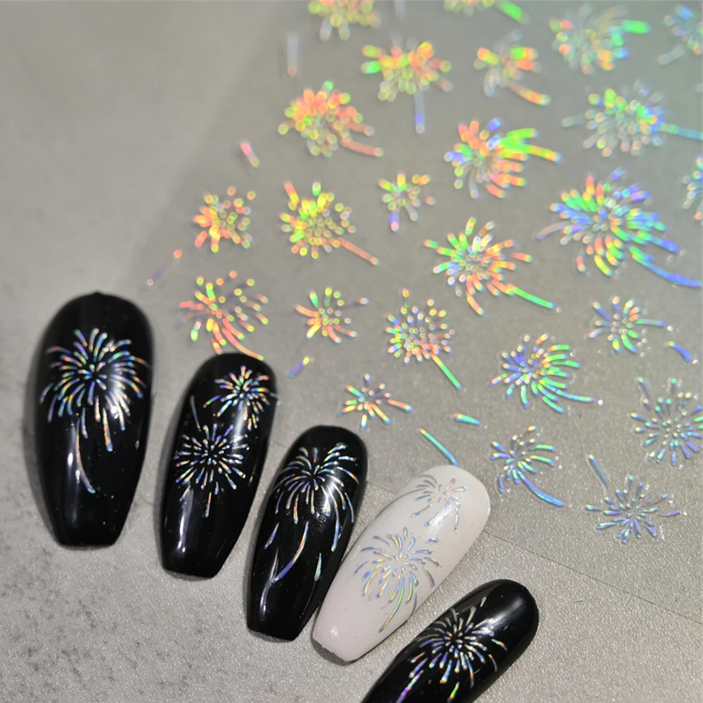 1pc Laser Colorful Fireworks Nail Art Stickers Sparkling Starry Sky Blooming Fireworks Decals Adhesive Nail Stickers Manicure