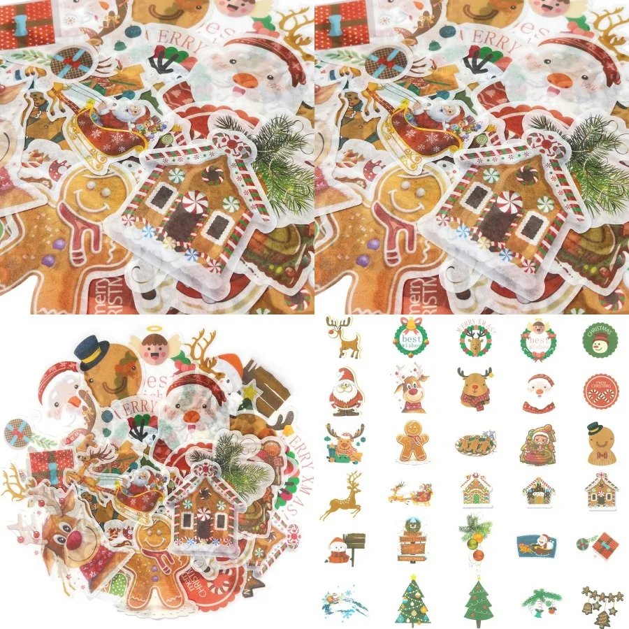 

Holiday Scrapbooking Washi Stickers DIY Crafts for Stationery Diary Card Making 60 pcs Reindeer Gingerbreads - Perfect for Holi