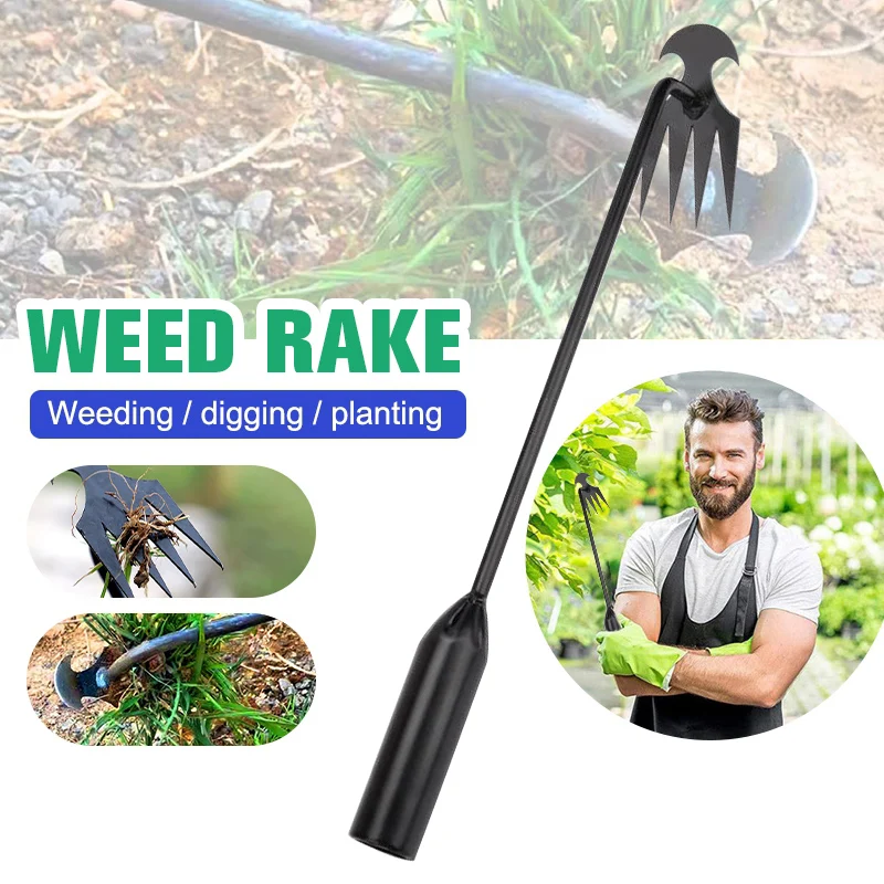 2 in 1 Garden Weeder Tools 4 Teeth Rake Manual Weed Grass Rooting Shovel Manganese Steel Loosening Soil Digging Garden Hand Tool