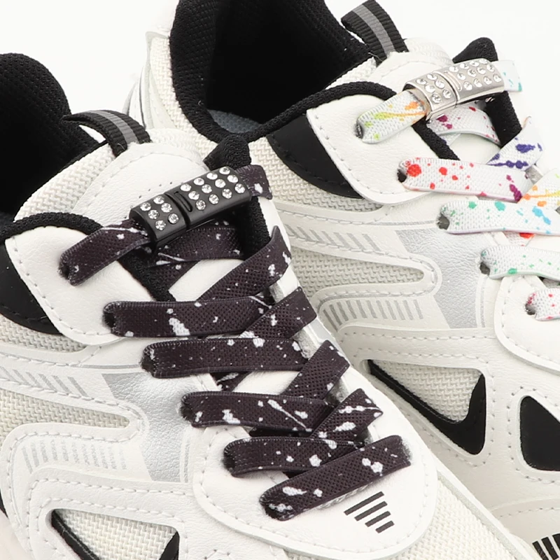 Diamant Magnetische Schoenveters Zonder Stropdassen Platte Kleurrijke Elastische Veters Sneakers Kids Volwassenen Spatten Inktveters Met Metalen Gespen