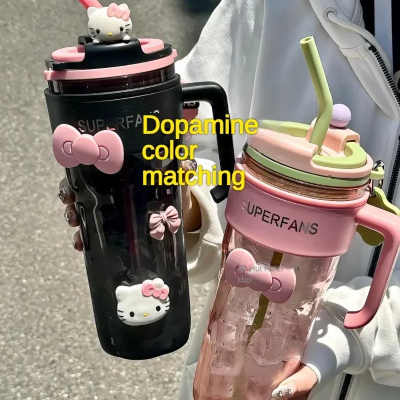 1200ML With Handle Water Bottle MINISO Hello Kitty Gym Large Capacity Straw Water Cup Kuromi My Melody Cartoon Children Cup Gift