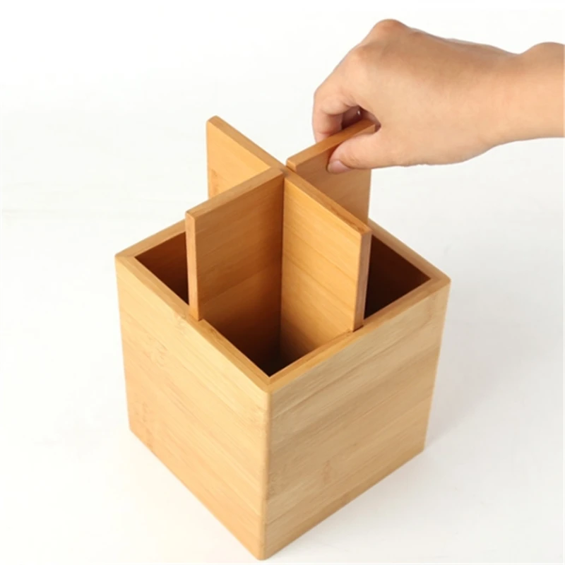 4 Grid Detachable Bamboo Wood Chopsticks Drain Desktop Spoon Fork Knife Storage Holder Kitchen Organizer Racks for Tableware